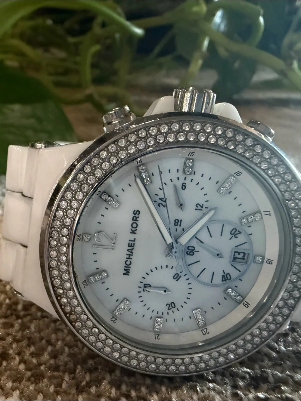 Michael Kors White Ceramic Crystal Bezel Chronograph Watch